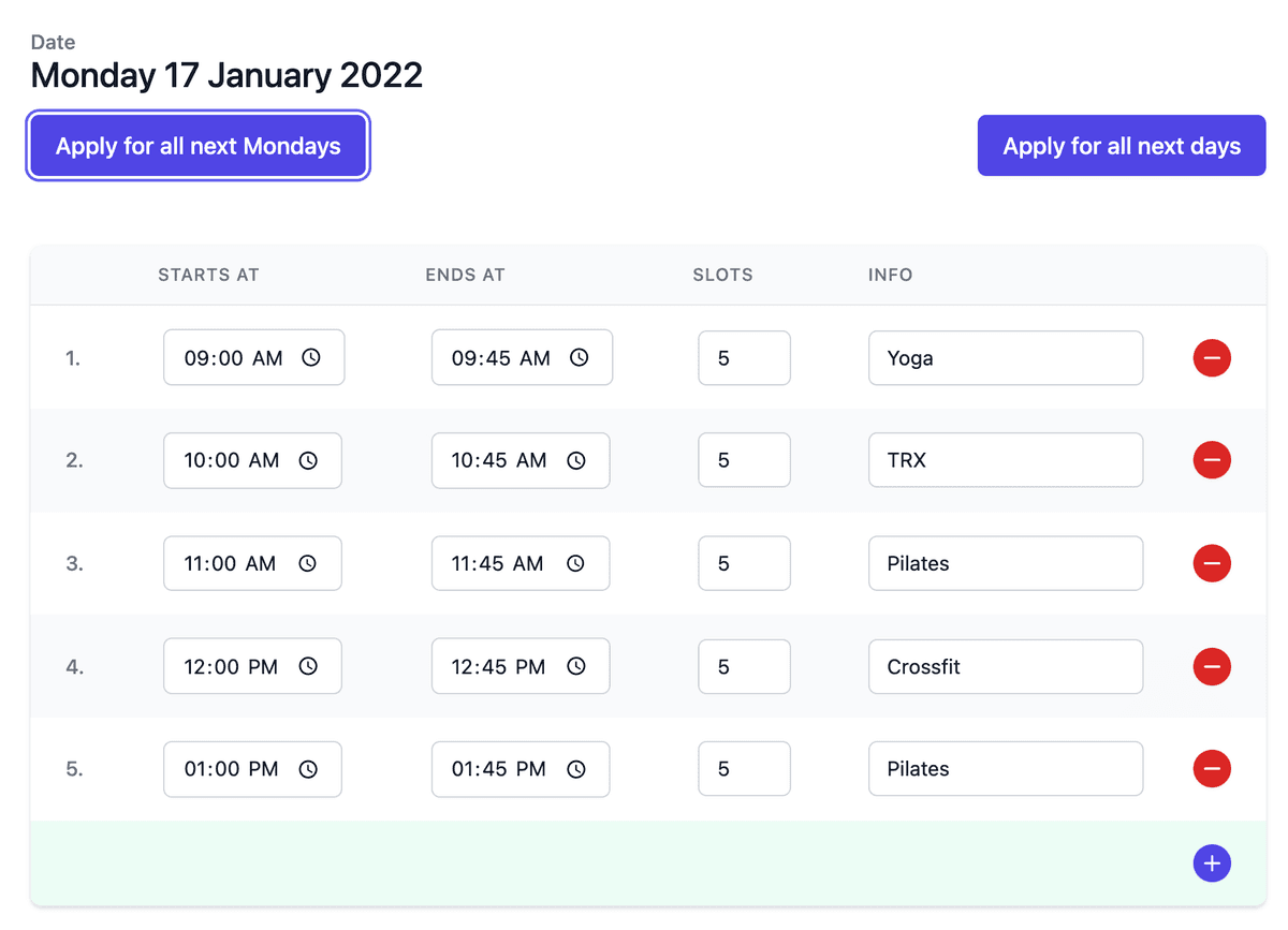 Calendar day editing interface for gym class scheduling