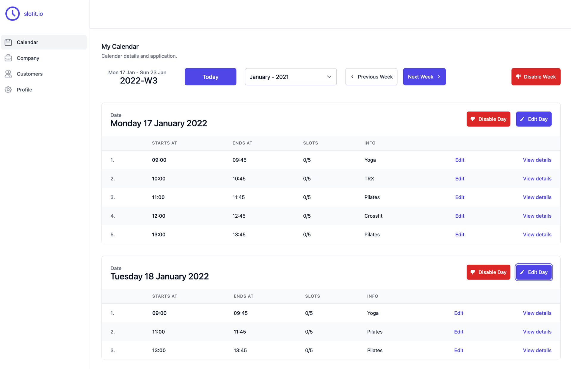 Calendar preview showing class scheduling interface